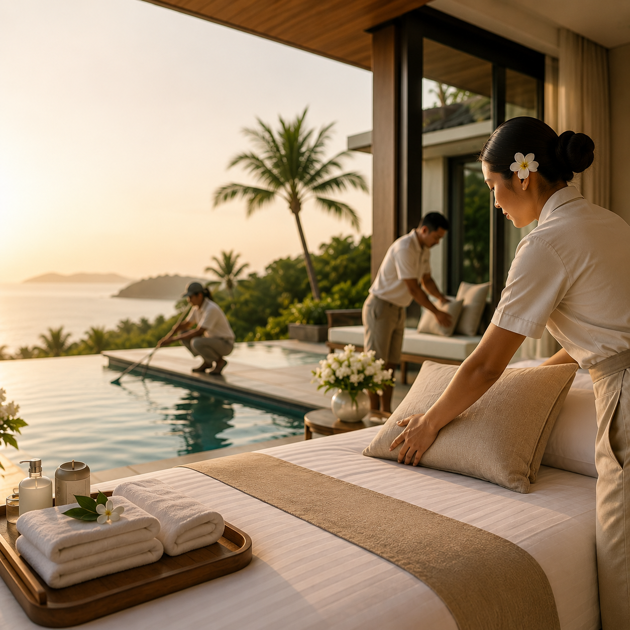 Villa staff preparing a terrace and infinity pool at golden hour